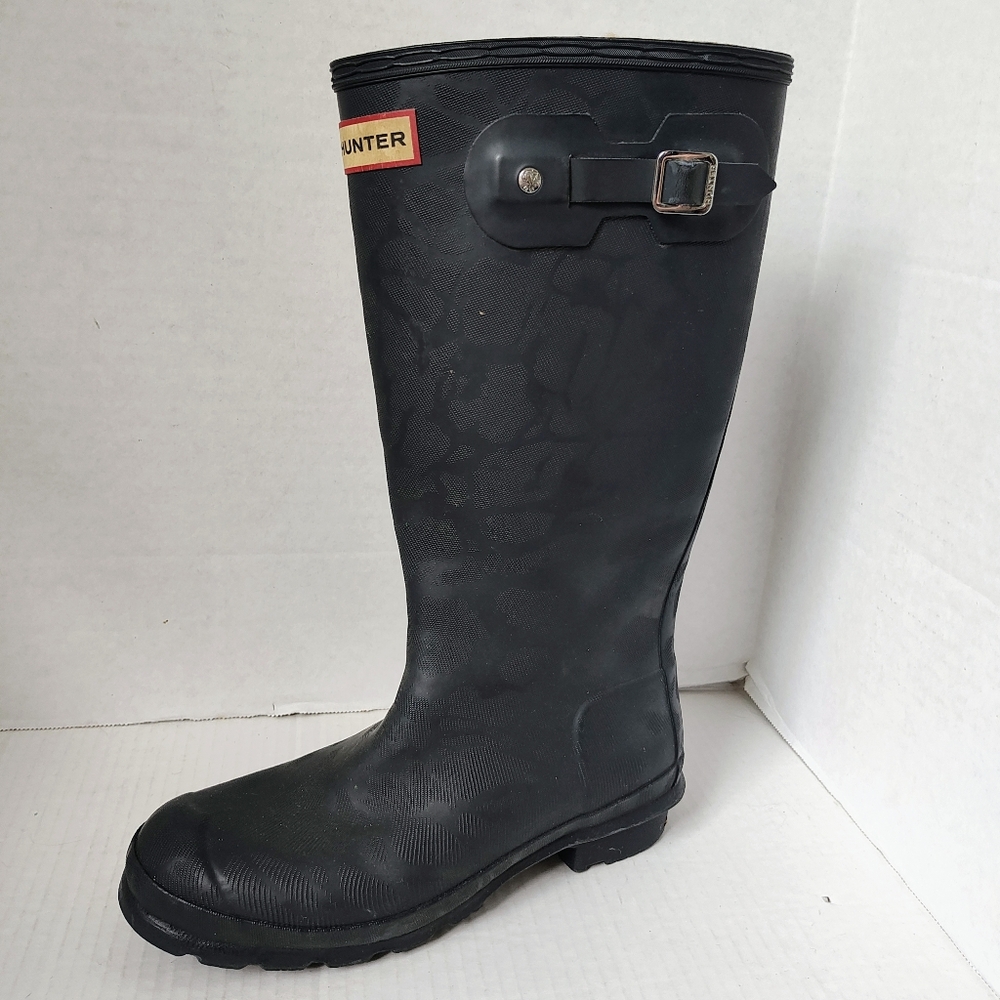 RARE Hunter Matte Dark Navy Leopard Print Faux Shearling Lined Tall Boots Sz 37